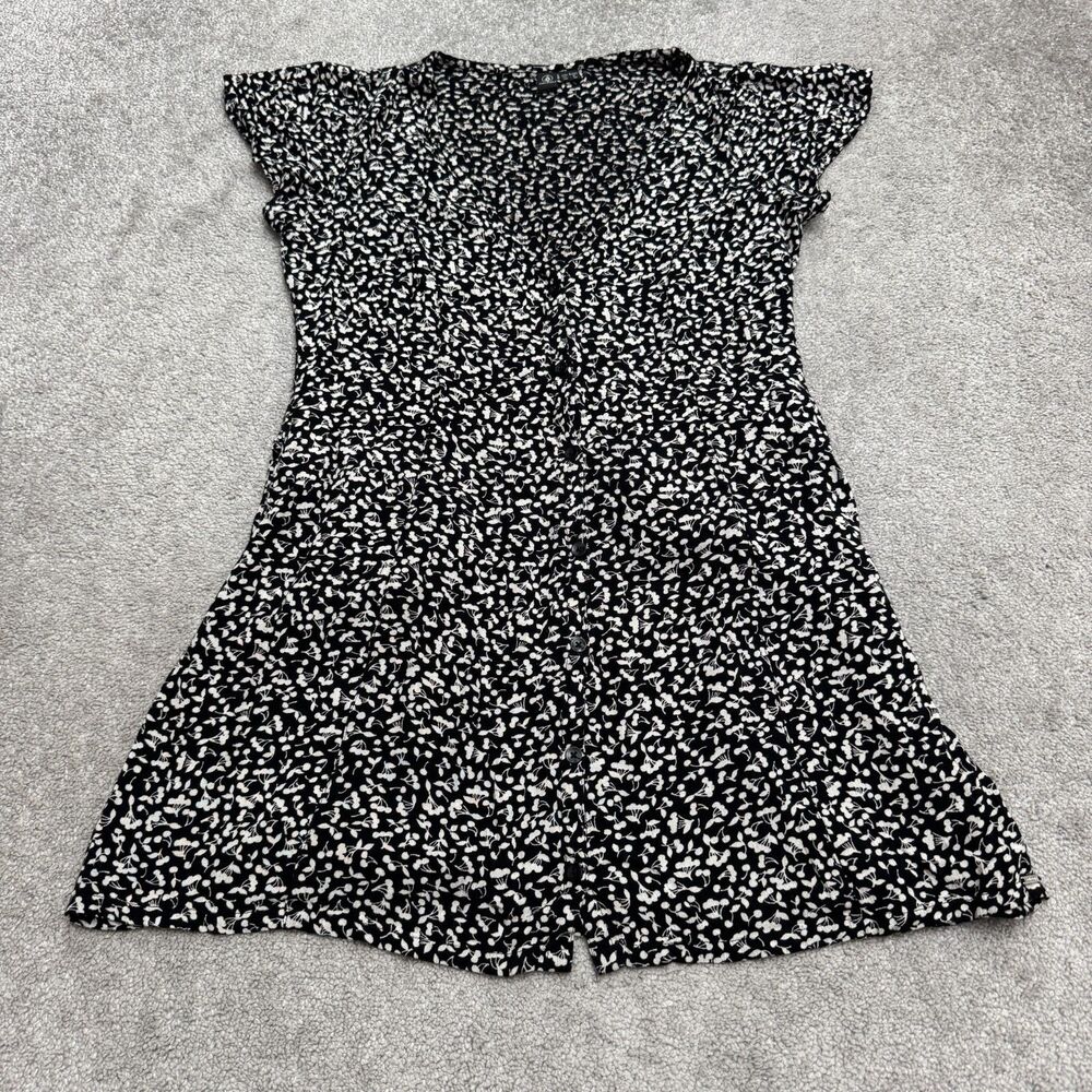 Volcom Floral Mini Dress Womens Small Black White Button Front Cap Sleeve Summer